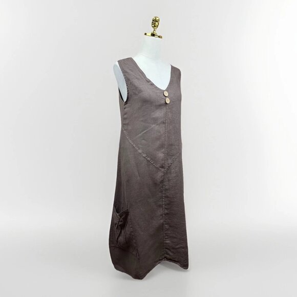 Italian Pocket Lagenlook Tulip Linen Dress - Chocolate - S/M - Worn 1 Time - Picture 4 of 9